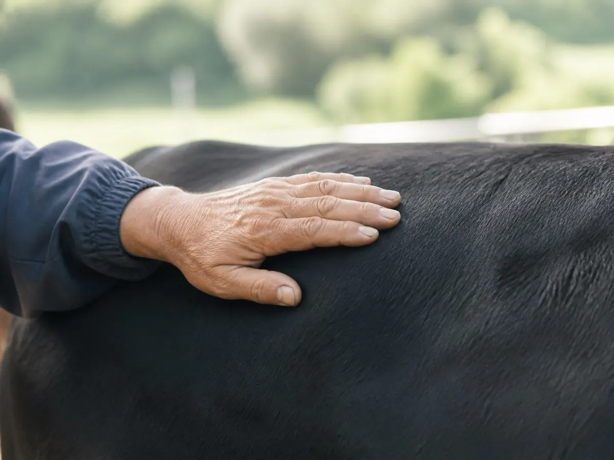 A farmer's hand resting on the back of a Japanese Black