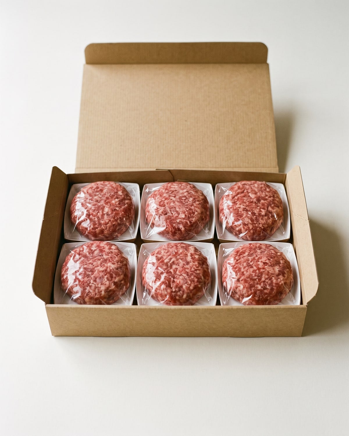 A gift box holding six individually wrapped wagyu hamburg steaks